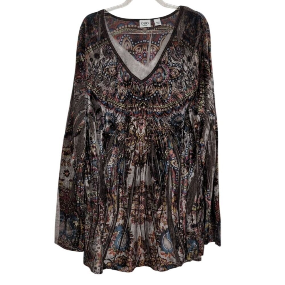 Cato Paisley Velvet Shirt Womens Size 22/24W Brown Earth Tones Boho V Neck Tunic